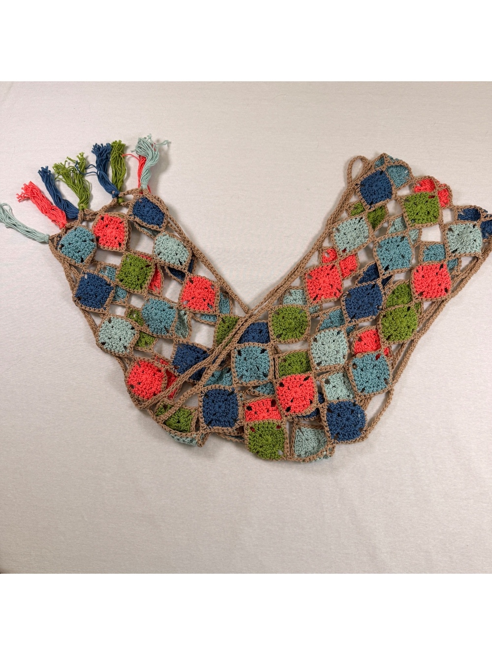 Vintage Crochet Granny Square Scarf Multicolor Fringe Tassel Boho Y2K